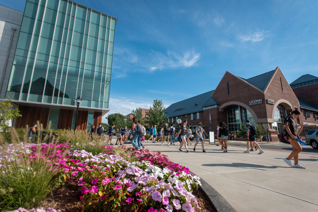 Students walking in between buildings on campus on a bright afternoon with blue skies and flowers nearby.